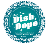 Label for smoke tree massage and apothecary "Dish Dope" Set with white text against a blue background