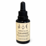 Bottle of Mullein Ear Oil with a dropper on a white background