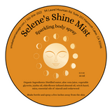Label for selene's shine mist: Sparkling body spray. Pictures a graphic of a sleeping moon surrounded by representations of the moon phases on a burnt orange background