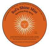 Label for "Sol's Shine Mist" features product information and a large logo with a sleeping sun in the center on a burnt orange background