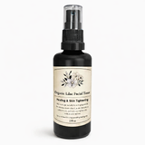 Black lilac facial toner bottle with a label on a white background