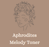 Label for aphrodites melody toner featuring a linework drawing of a woman with flowers and leaves in her hair on a tan background