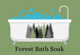 Label for forest bath soak featuring a claw footed bathtub with forest decoration filled with soapy water on a light green background