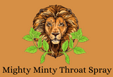 Label for mighty minty throat spray featuring a lion with plants around it's face over an orange background