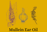 A bottle labeled 'Mullein Ear Oil' with an illustration of Mullein Leaf and a small flower on a yellow background.