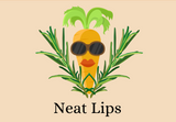 label for Neat Lips salve featuring a cartoon carrot with sunglasses and lipstick emerging from brush on a tan background