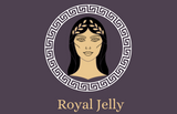 The image features a purple background with a circular design containing a stylized, classical statue-style portrait of a woman's head, framed by a decorative wreath. The text 'ROYAL JELLY' is displayed below the image.