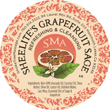 Label for sheelite's grapefruit sage cleanser featuring a grapefruit and sage bush for decoration on a tan and pink background