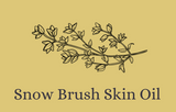 Label for snow brush skin oil featuring a linework drawing of snow brush over a yellow background